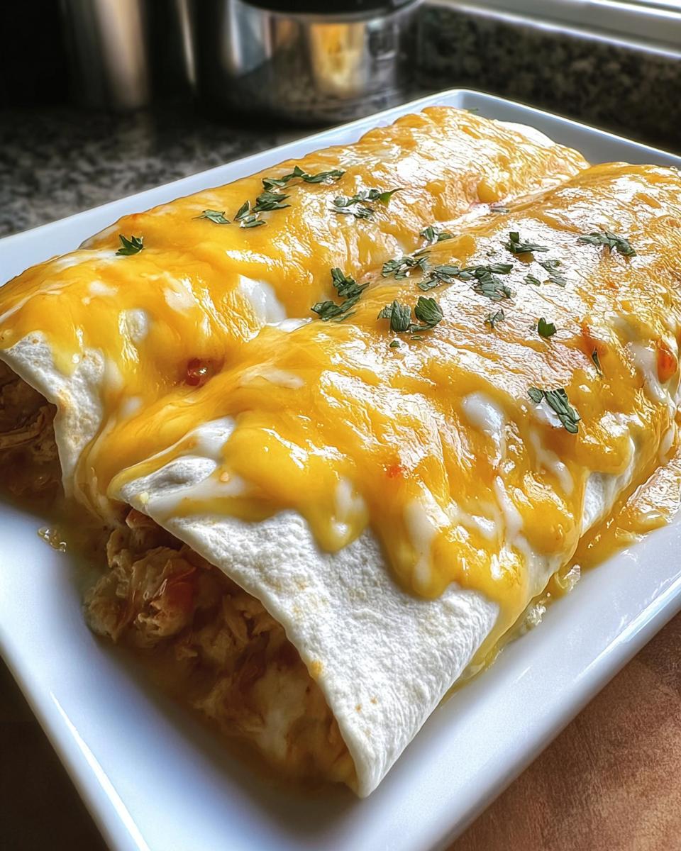 Two Creamy Queso Chicken Enchiladas smothered in melted orange and white cheese, garnished with parsley.
