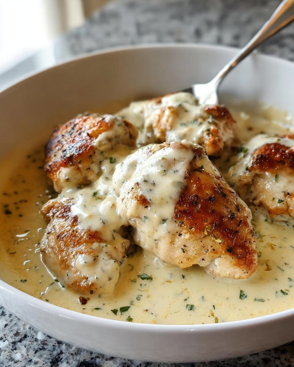 Four pieces of seared chicken covered in a rich, creamy ranch sauce served in a white bowl.