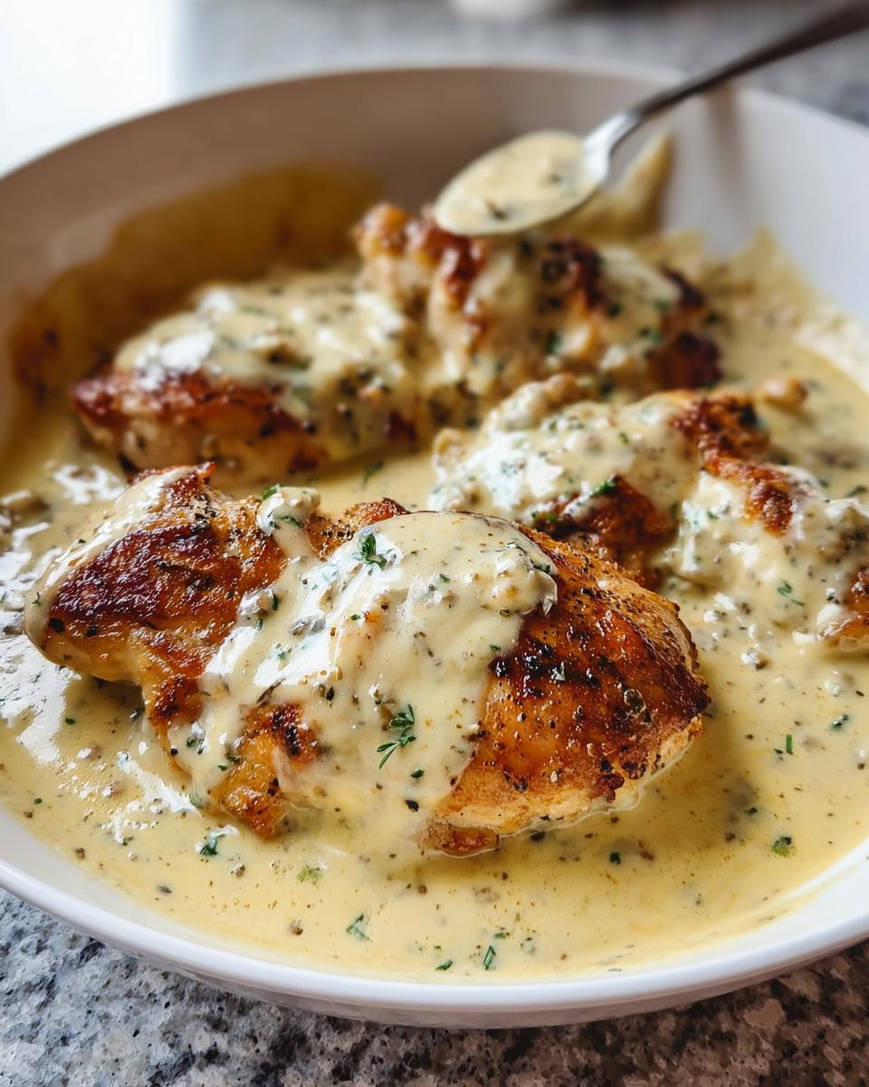 Golden seared chicken breasts smothered in a thick, creamy Ranch sauce, ready to eat.