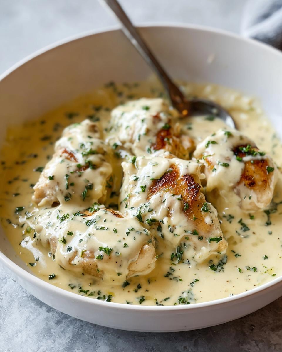 Close-up of seared chicken pieces smothered in a thick, creamy ranch sauce and sprinkled with fresh parsley.