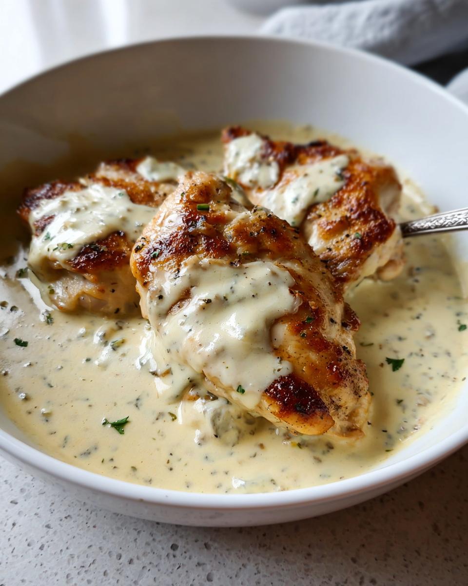 Three pieces of seared Creamy Ranch Chicken served in a white bowl covered in a thick, speckled ranch sauce.