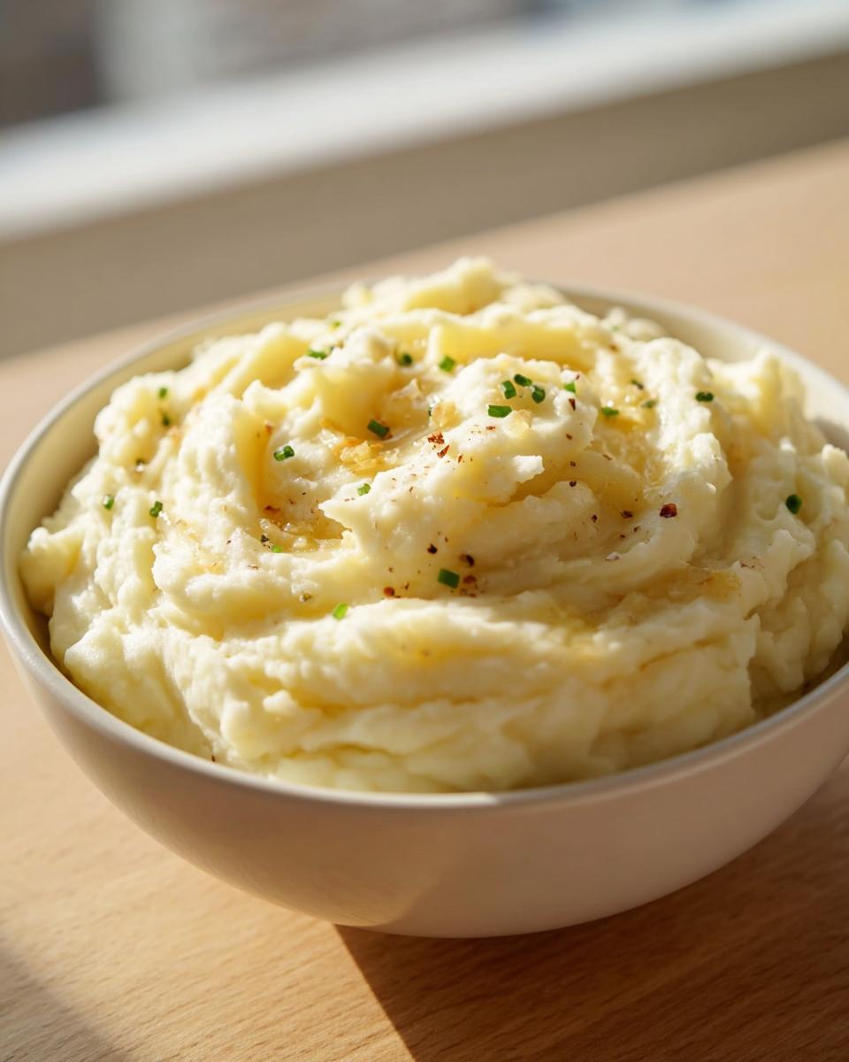 A close-up of creamy Roasted Garlic Mashed Potatoes topped with melted butter and chives.