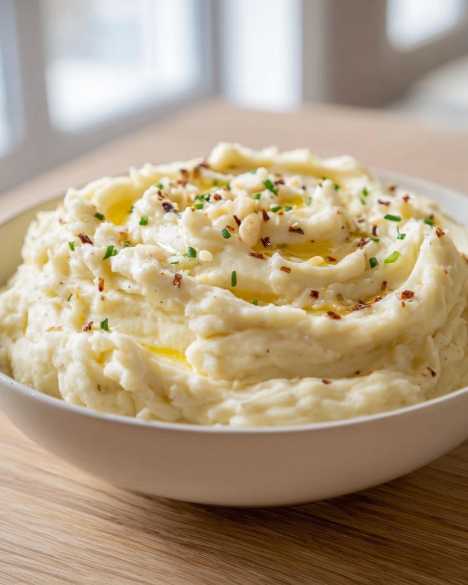 A white bowl filled with creamy Roasted Garlic Mashed Potatoes, drizzled with oil and topped with chives and seasonings.