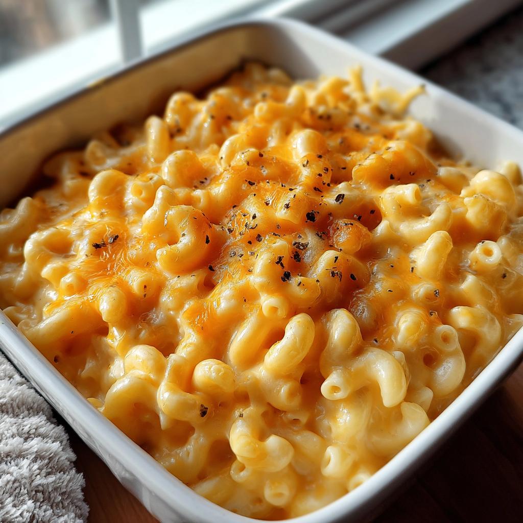 A close-up of baked Mac and Cheese with Creamy Velvety Sauce, topped with melted cheddar and black pepper.