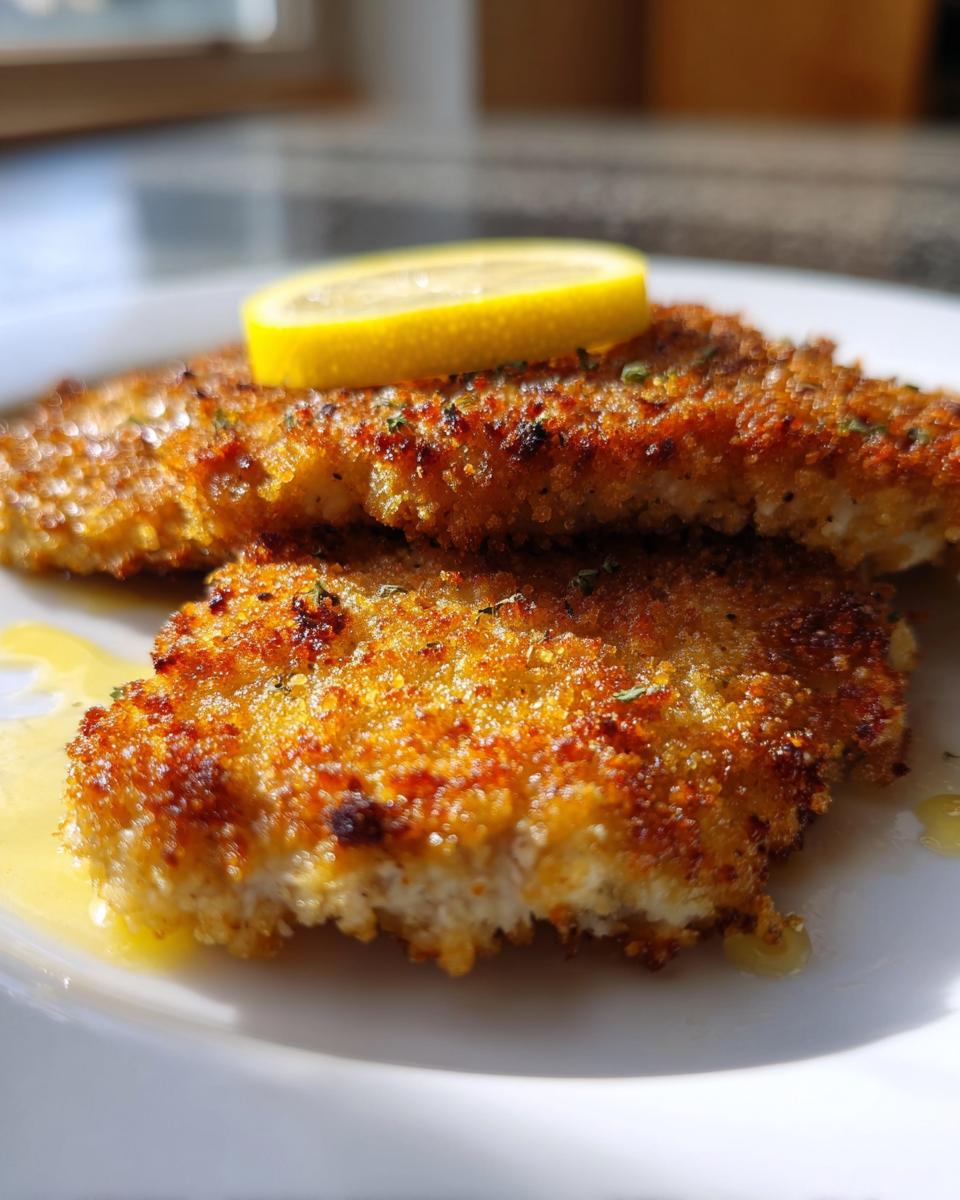Close-up of two golden brown Crispy Chicken Cutlets with Lemon, topped with a lemon slice.