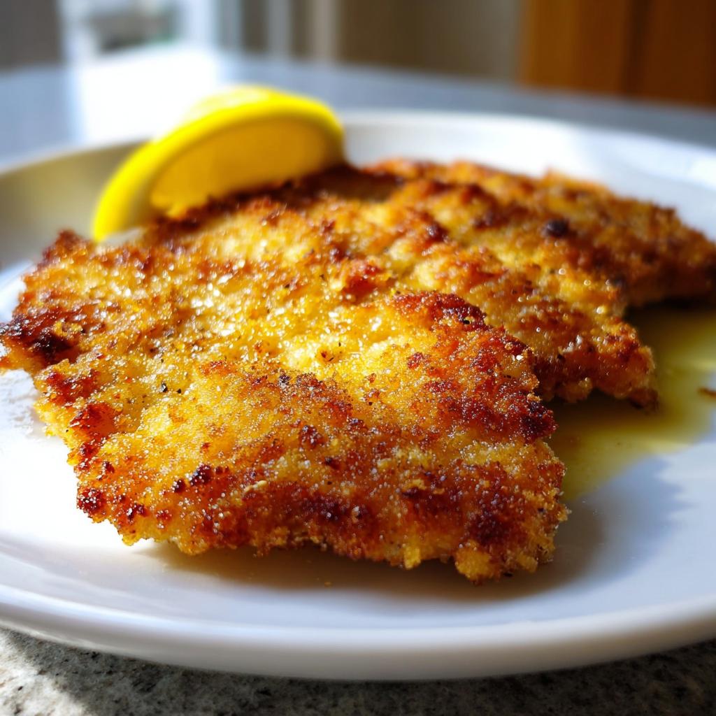 Close-up of two golden brown Crispy Chicken Cutlets with Lemon served on a white plate.