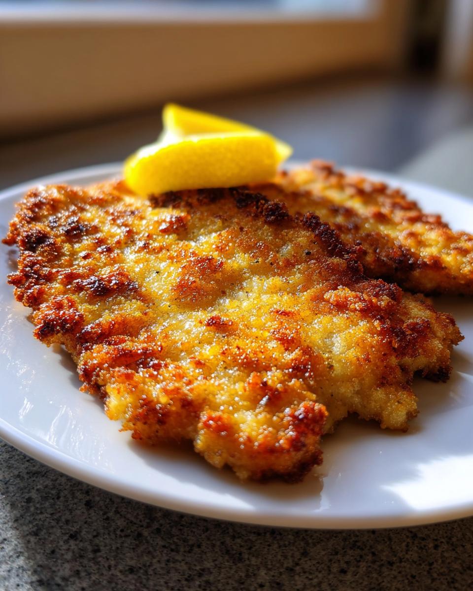 Two golden brown Crispy Chicken Cutlets with Lemon served on a white plate.