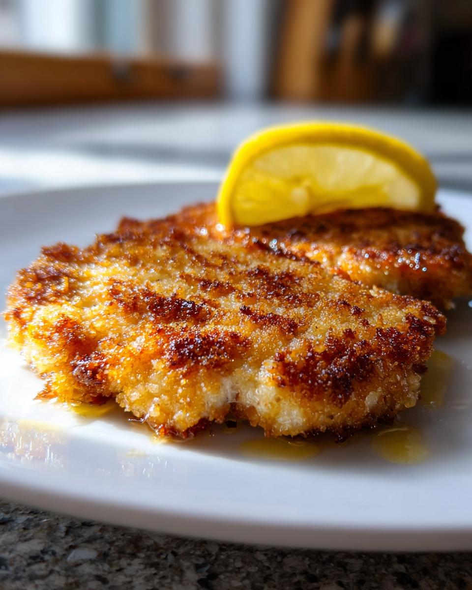 Close-up of a golden brown, crispy chicken cutlet topped with a lemon slice.