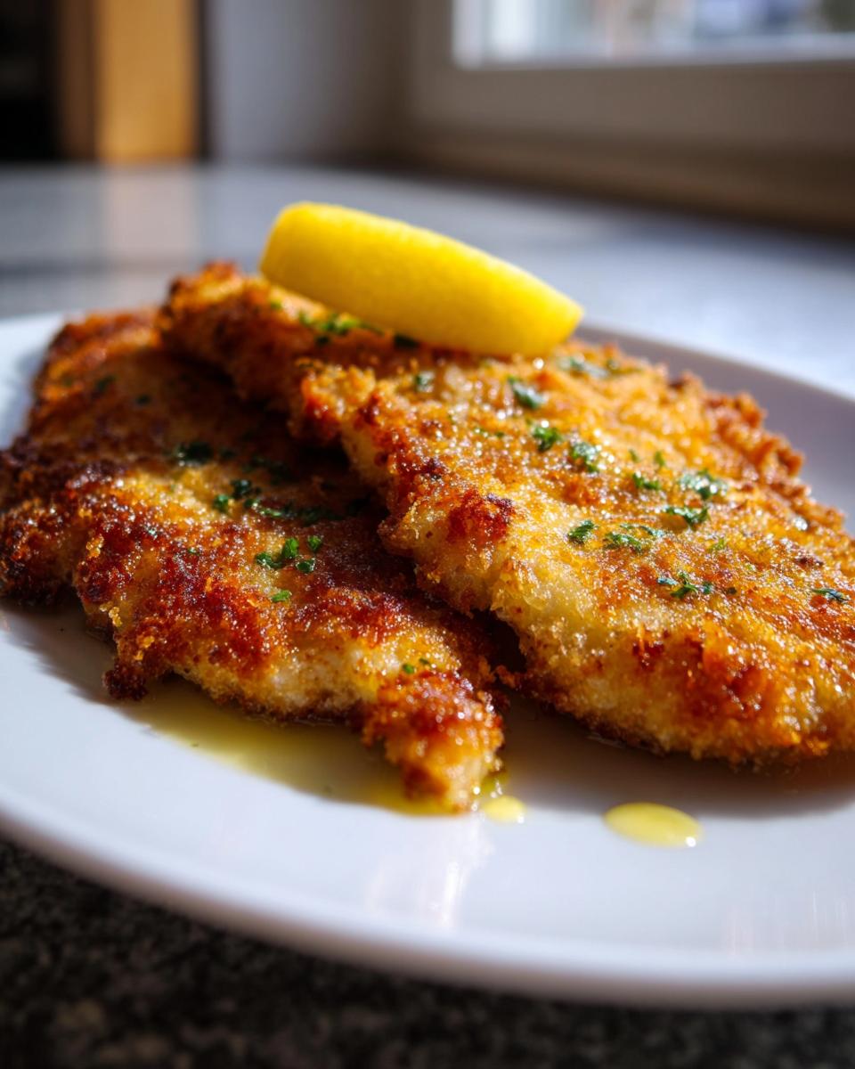 Three golden brown Crispy Chicken Cutlets with Lemon wedge on a white plate, garnished with parsley.