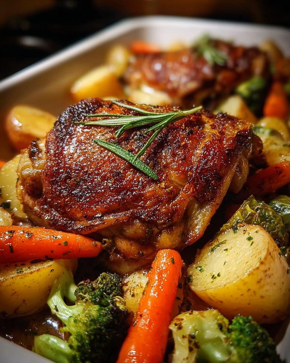 Close-up of a crispy Comforting Chicken Thigh Stew with roasted potatoes, carrots, and broccoli, topped with rosemary.