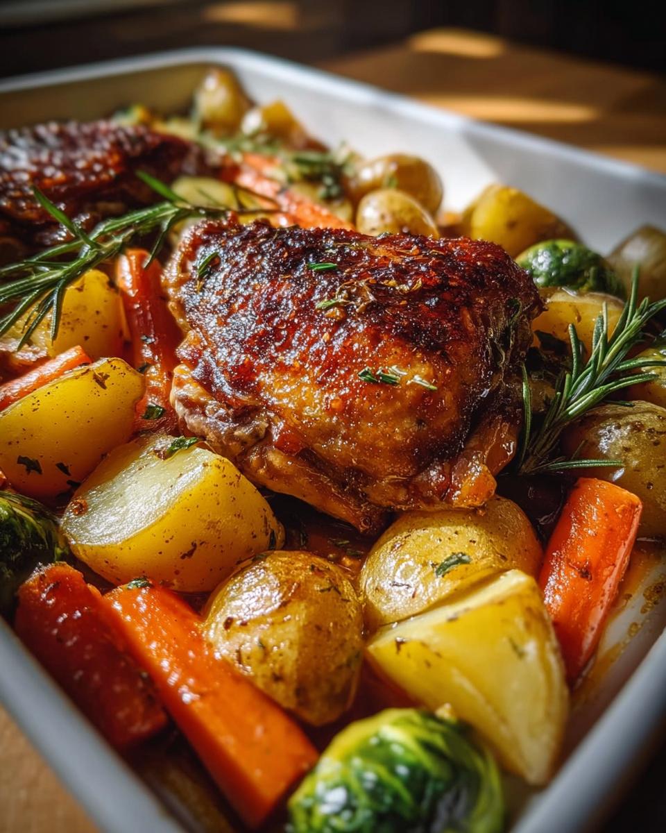 Close-up of a crispy chicken thigh surrounded by roasted potatoes, carrots, and Brussels sprouts in a Comforting Chicken Thigh Stew.
