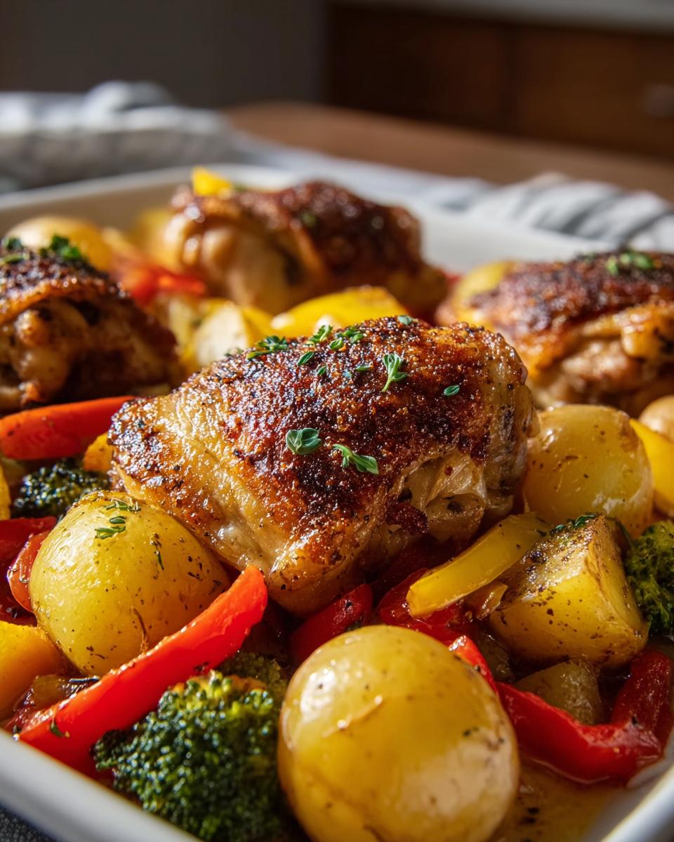 Close-up of crispy skin Chicken Thighs with Potatoes and Herbs, roasted with bell peppers and broccoli.
