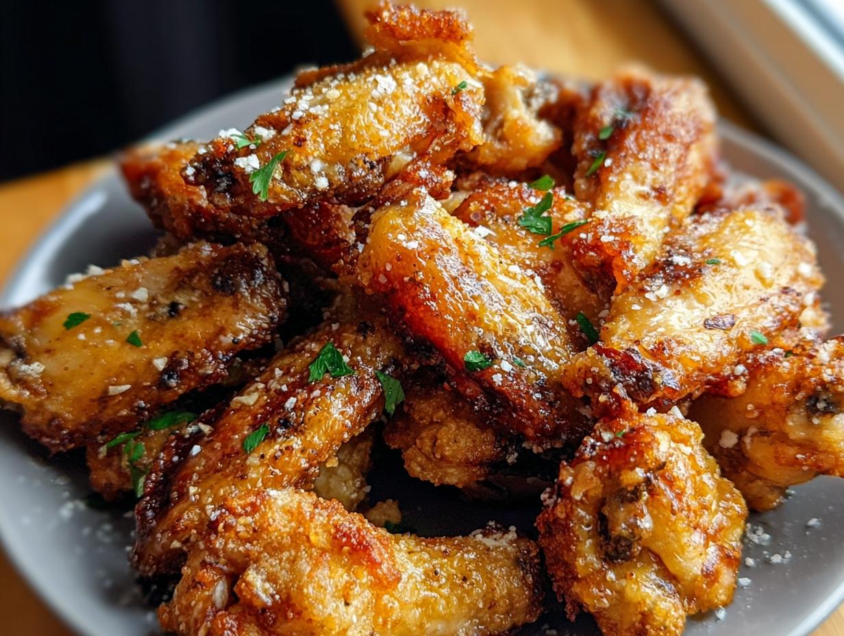 Close-up of crispy, golden brown Garlic Parmesan Wings sprinkled with grated cheese and parsley.