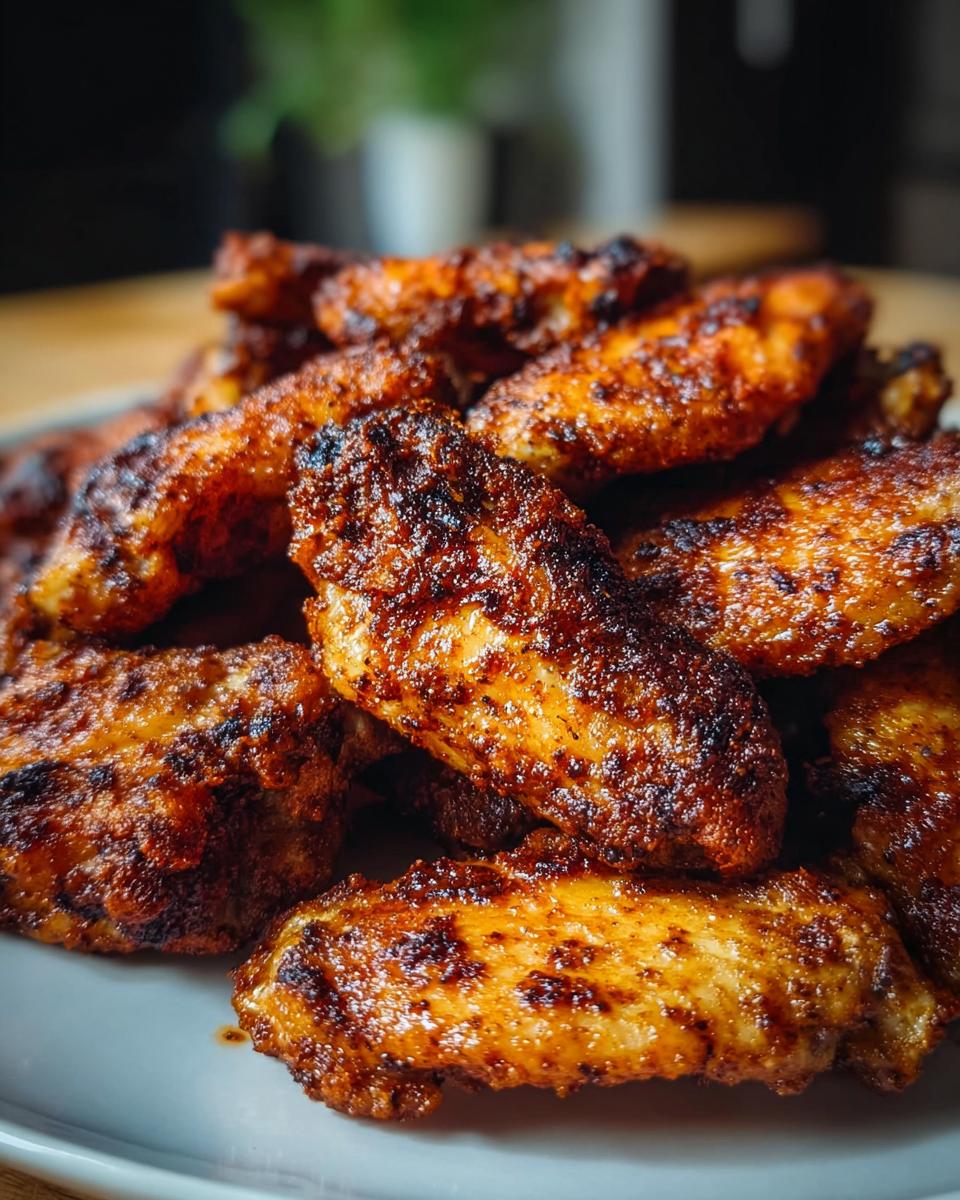 Close-up of a pile of Oven Baked Chicken Wings with Crispy Skin, seasoned dark brown and golden.