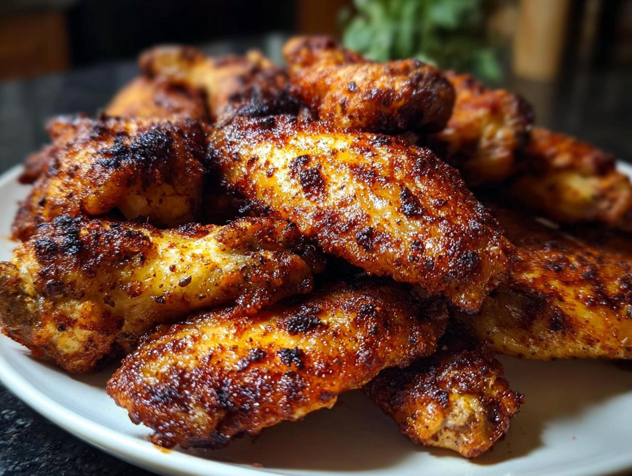 A close-up pile of perfectly seasoned Oven Baked Chicken Wings with Crispy Skin piled high on a white plate.