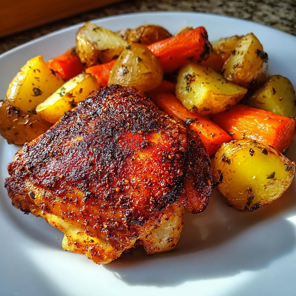 A perfectly cooked, crispy oven chicken thigh with a rich paprika rub, served alongside roasted potatoes and carrots.