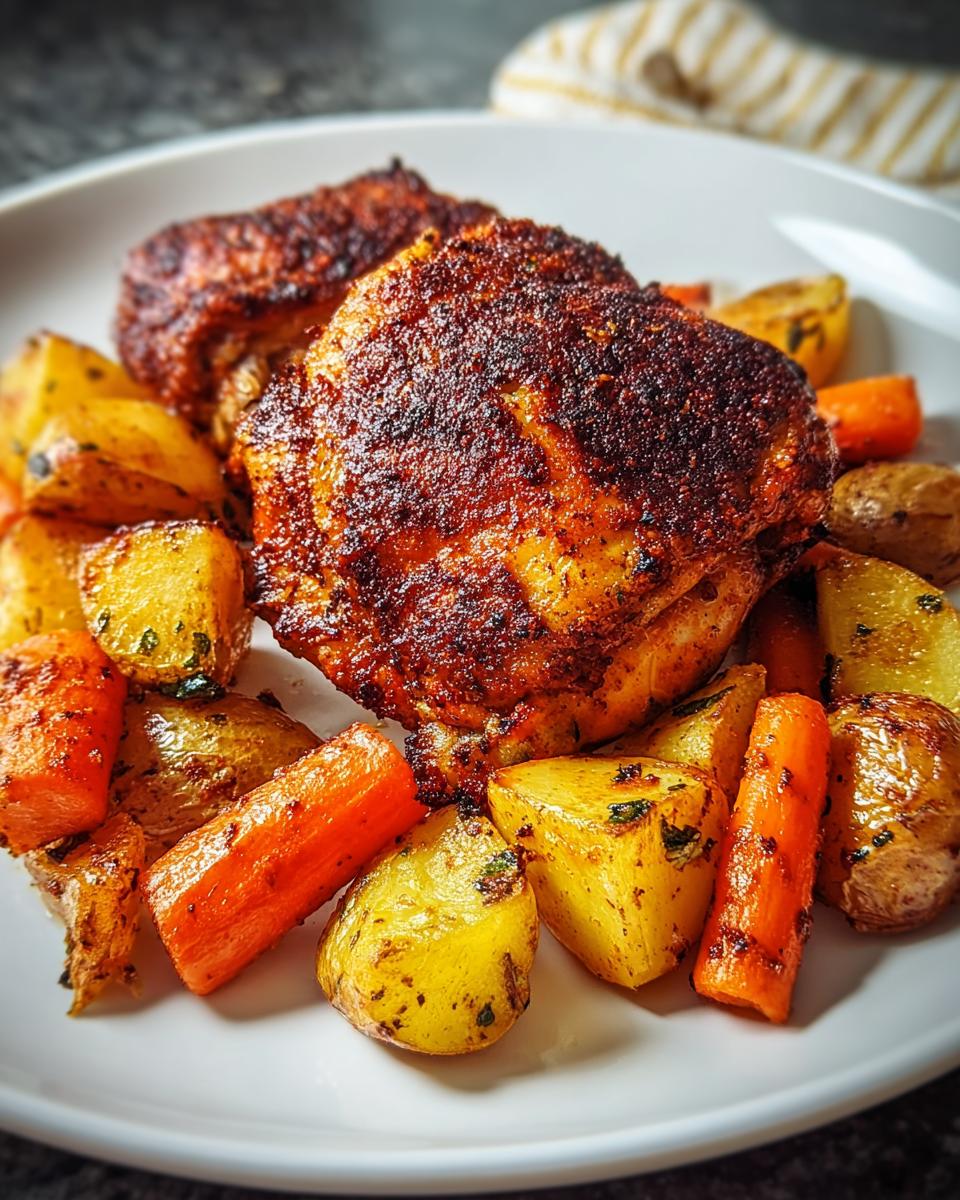 Two Crispy Oven Chicken Thighs with Paprika Rub served with roasted potatoes and carrots on a white plate.