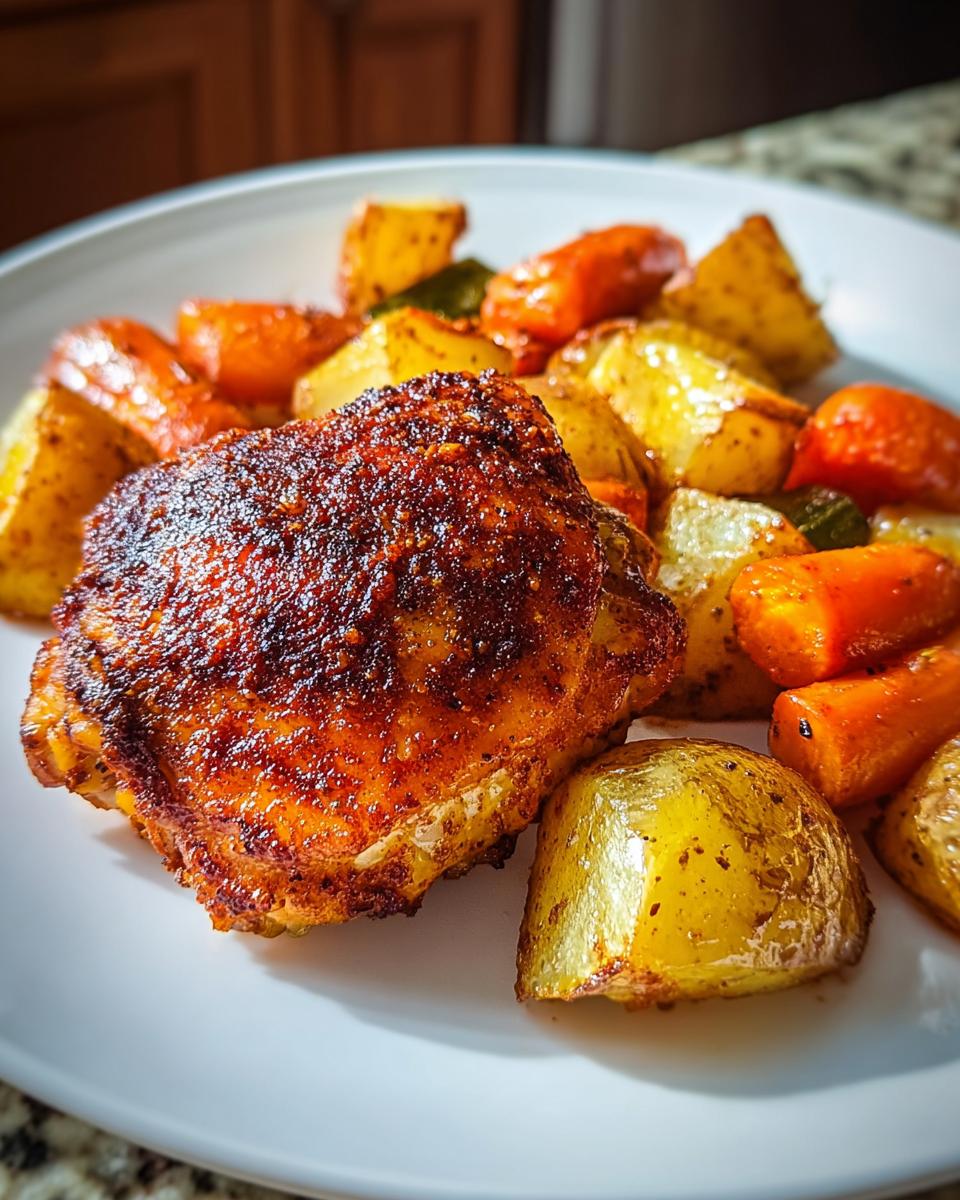 A close-up of Crispy Oven Chicken Thighs with Paprika Rub served with roasted potatoes and carrots.