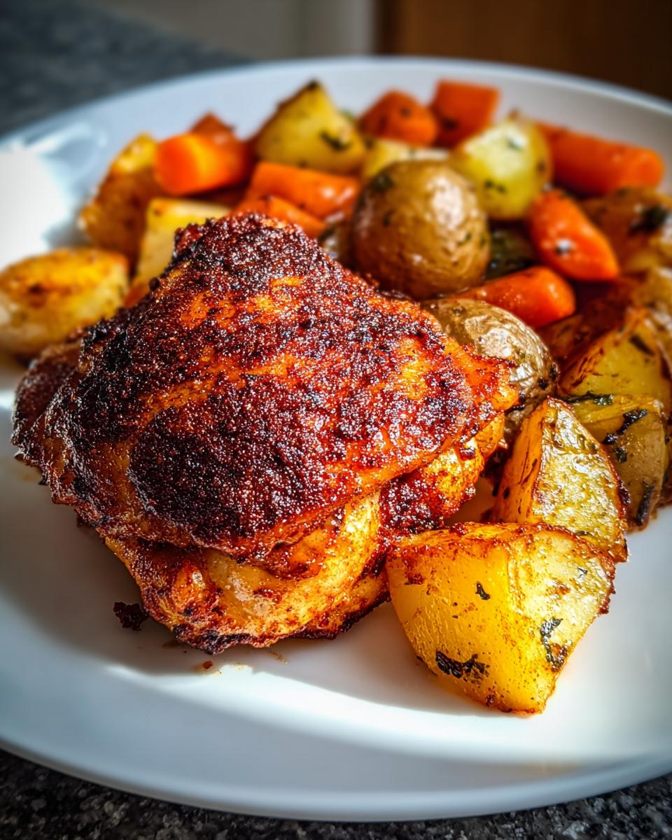 Close-up of a perfectly cooked Crispy Oven Chicken Thighs with Paprika Rub served with roasted potatoes and carrots.