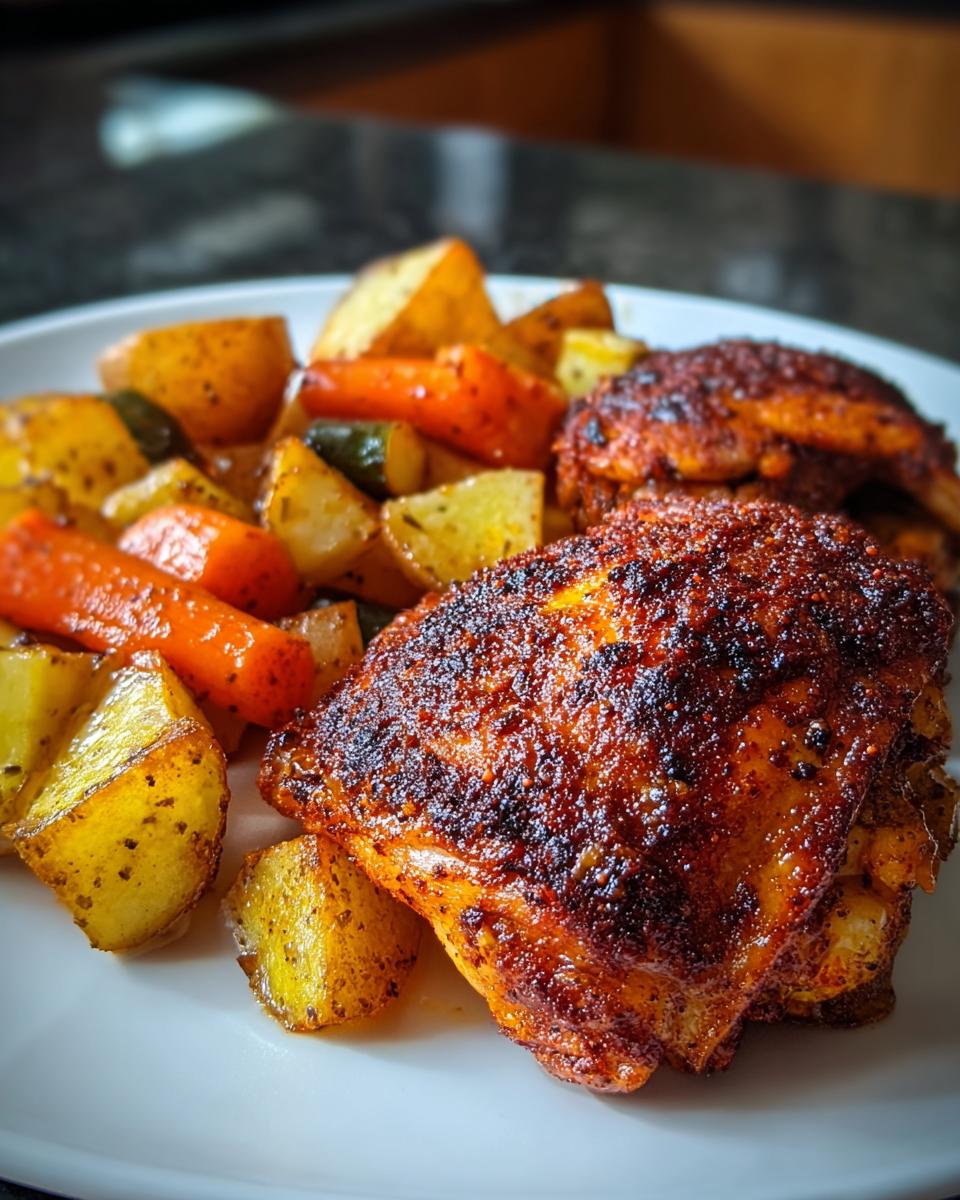 Two Crispy Oven Chicken Thighs with Paprika Rub served alongside roasted potatoes and carrots.