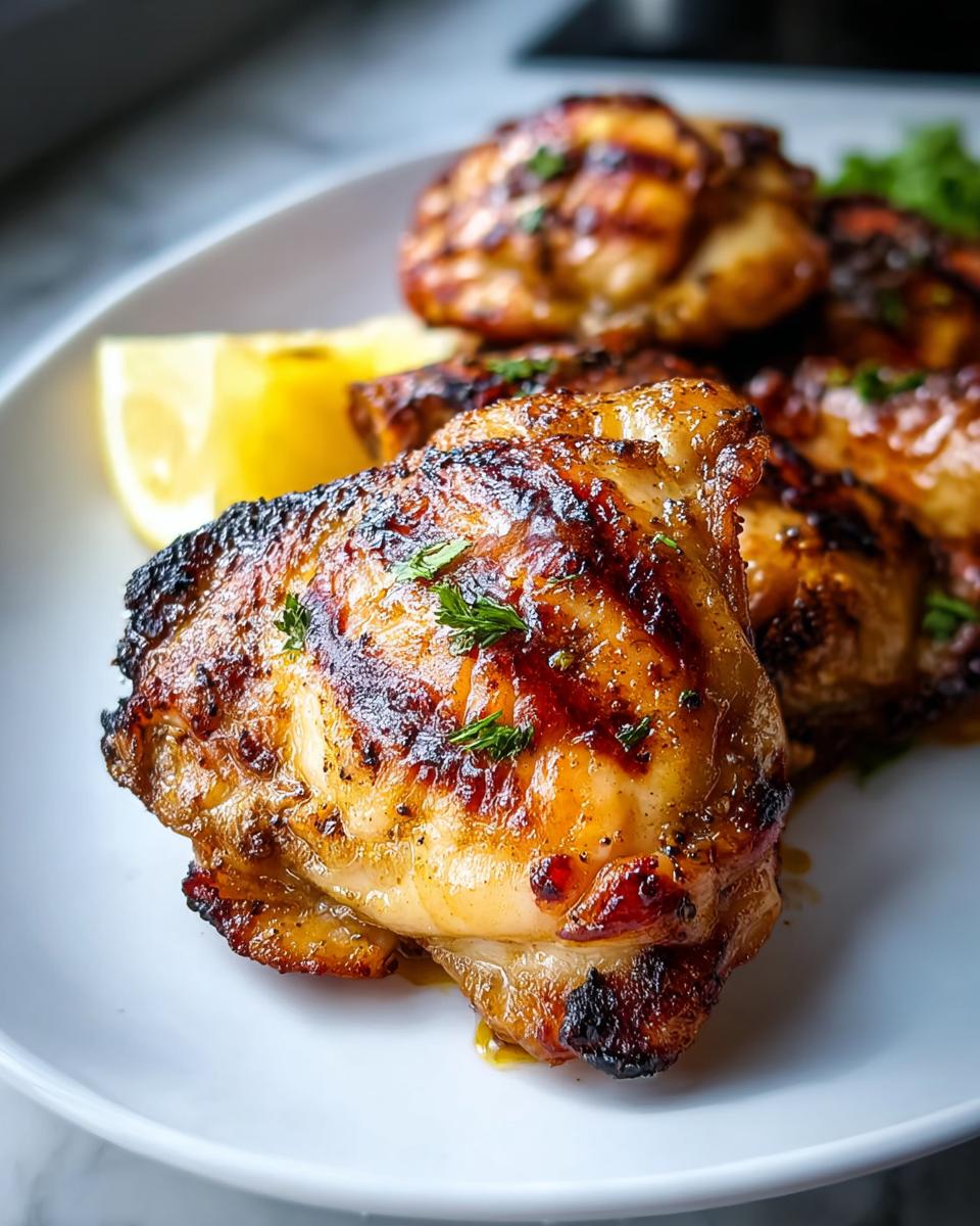 Close-up of perfectly cooked Crispy Skin Chicken Thighs with Lemon, featuring golden-brown, charred skin and a lemon wedge.
