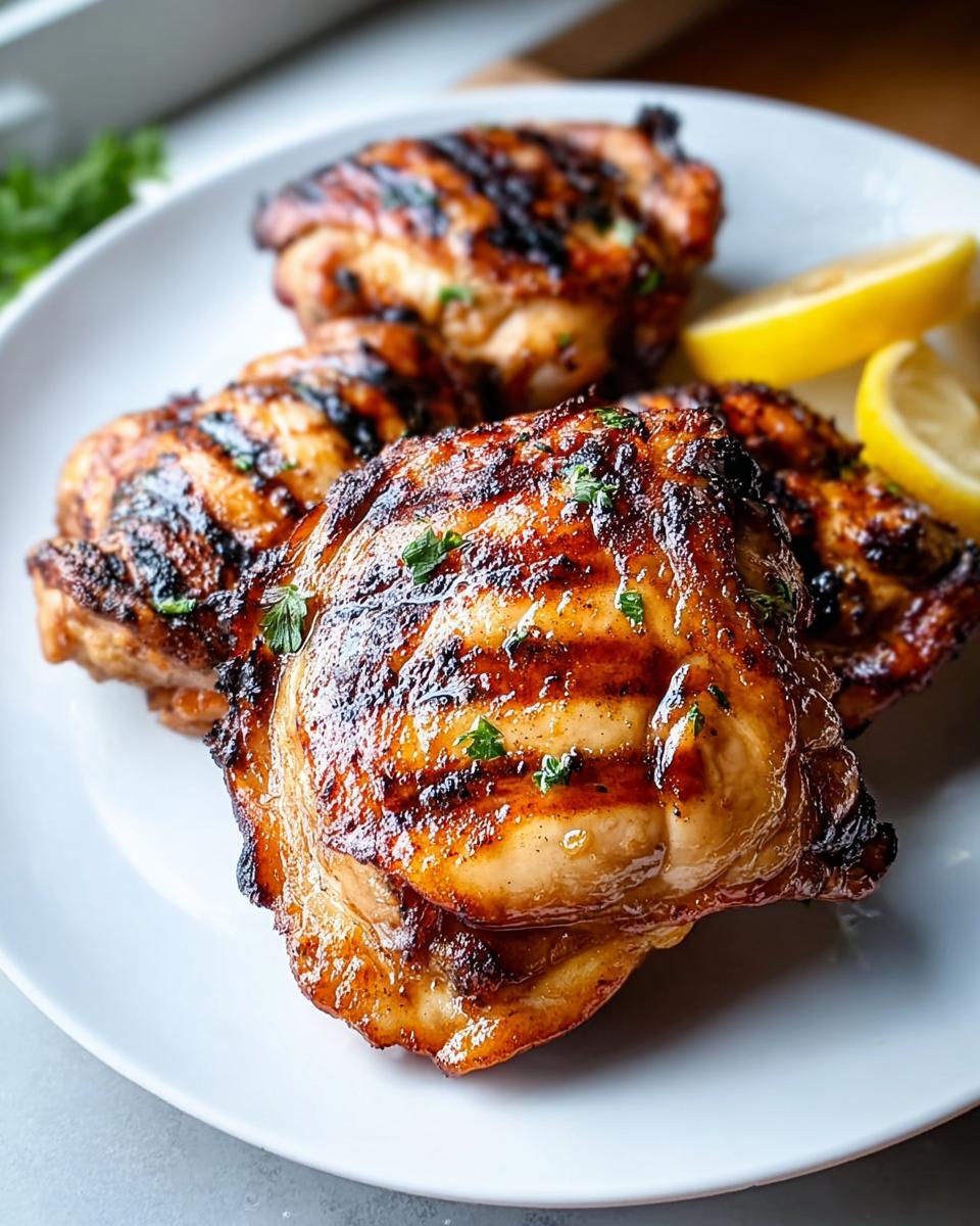 Four pieces of grilled Crispy Skin Chicken Thighs with Lemon, garnished with parsley on a white plate.