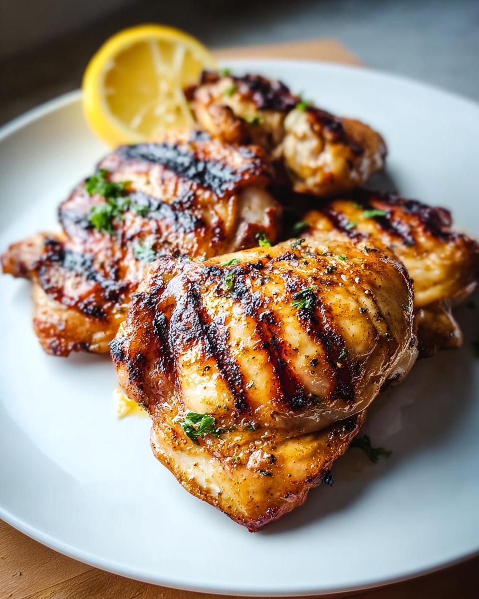 Close-up of grilled Crispy Skin Chicken Thighs with Lemon, featuring dark grill marks and fresh parsley.