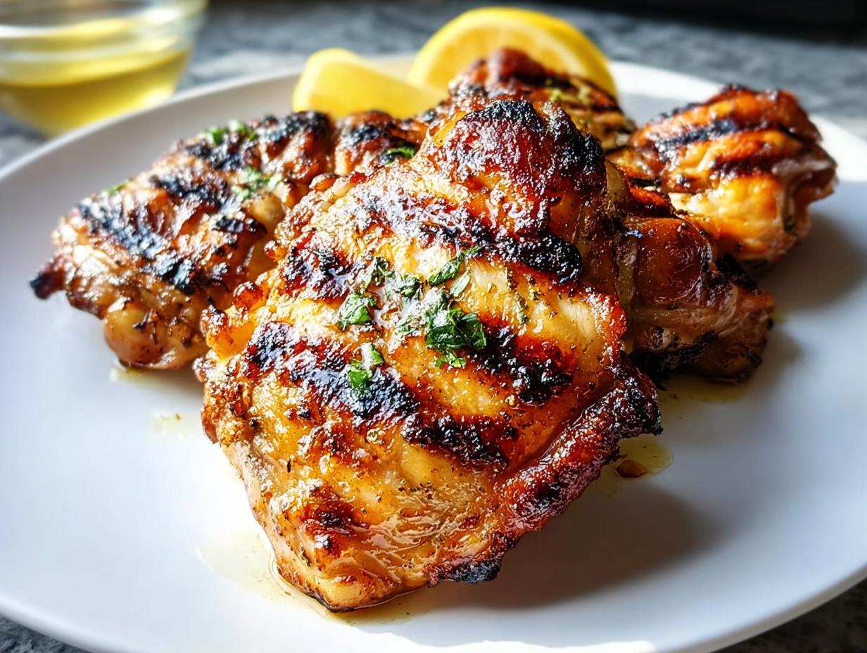 Close-up of perfectly grilled Crispy Skin Chicken Thighs with Lemon, garnished with parsley.