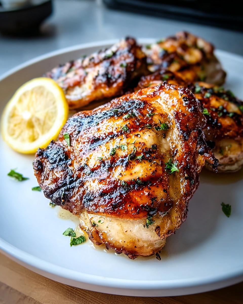 A close-up of perfectly cooked Crispy Skin Chicken Thighs with Lemon, featuring a browned, glistening skin and garnished with parsley.