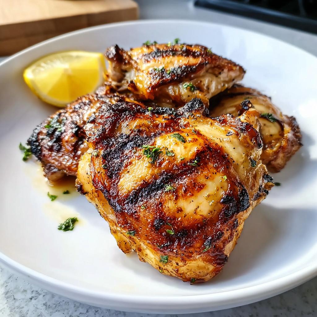 Four perfectly cooked Crispy Skin Chicken Thighs with Lemon, garnished with parsley on a white plate.