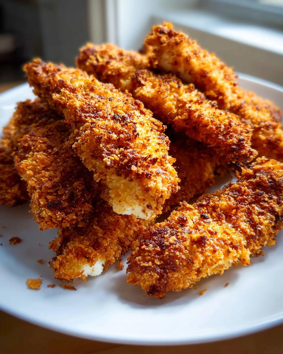 A pile of golden brown, crispy Air Fryer Chicken Tenders with a crunchy coating served on a white plate.