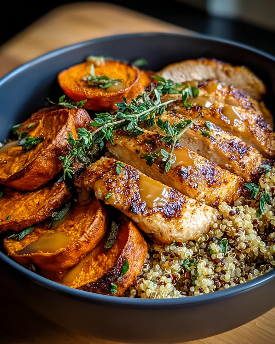 Close-up of a Dijon Chicken & Sweet Potato Bowl featuring sliced chicken, roasted sweet potatoes, and quinoa.