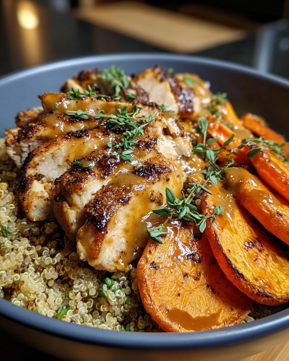 Sliced Dijon Chicken served over quinoa with roasted sweet potatoes, drizzled in sauce and garnished with thyme.