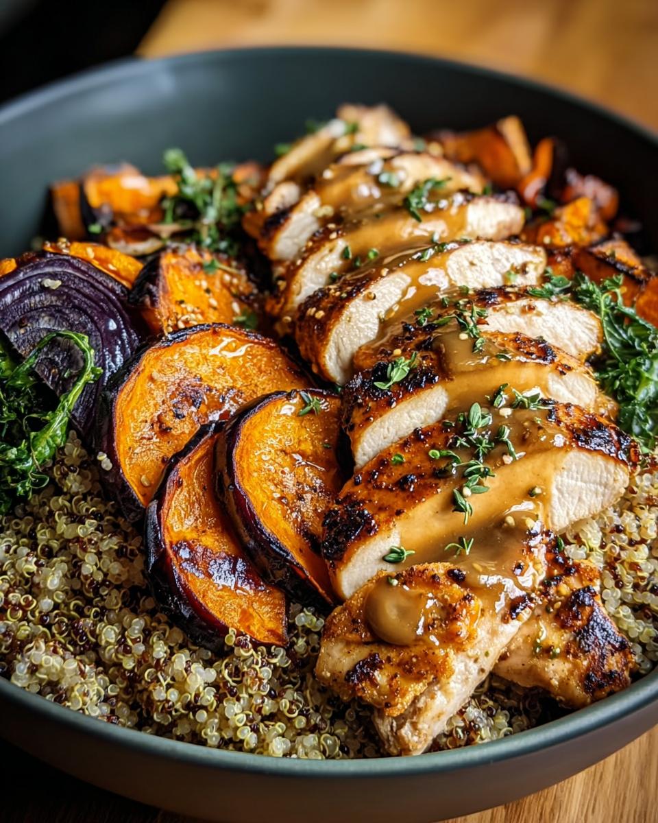 Close-up of sliced grilled chicken drizzled with sauce over quinoa, sweet potatoes, and red onion in a Dijon Chicken & Sweet Potato Bowls.