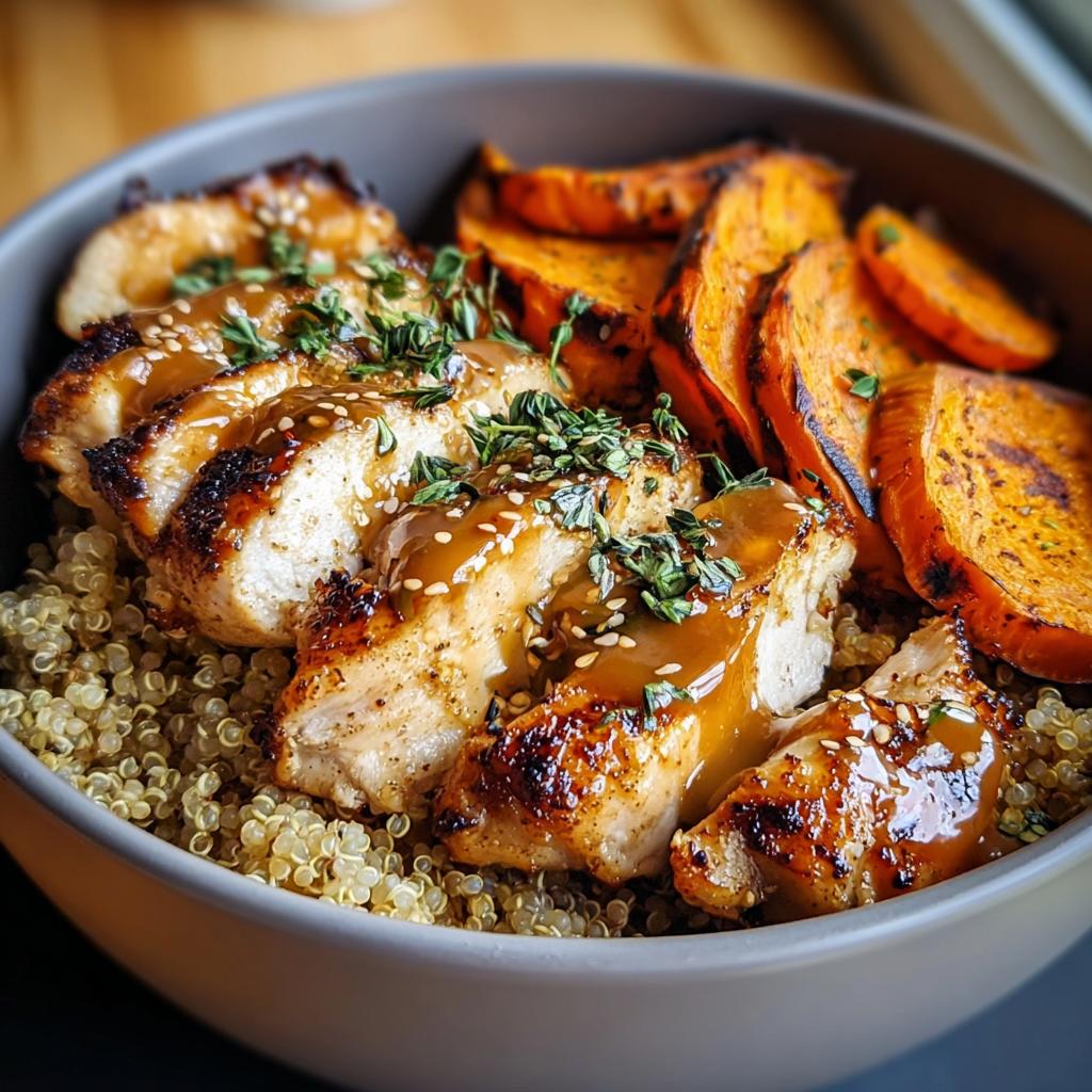 Close-up of Dijon Chicken & Sweet Potato Bowls featuring sliced chicken, roasted sweet potatoes, and quinoa.