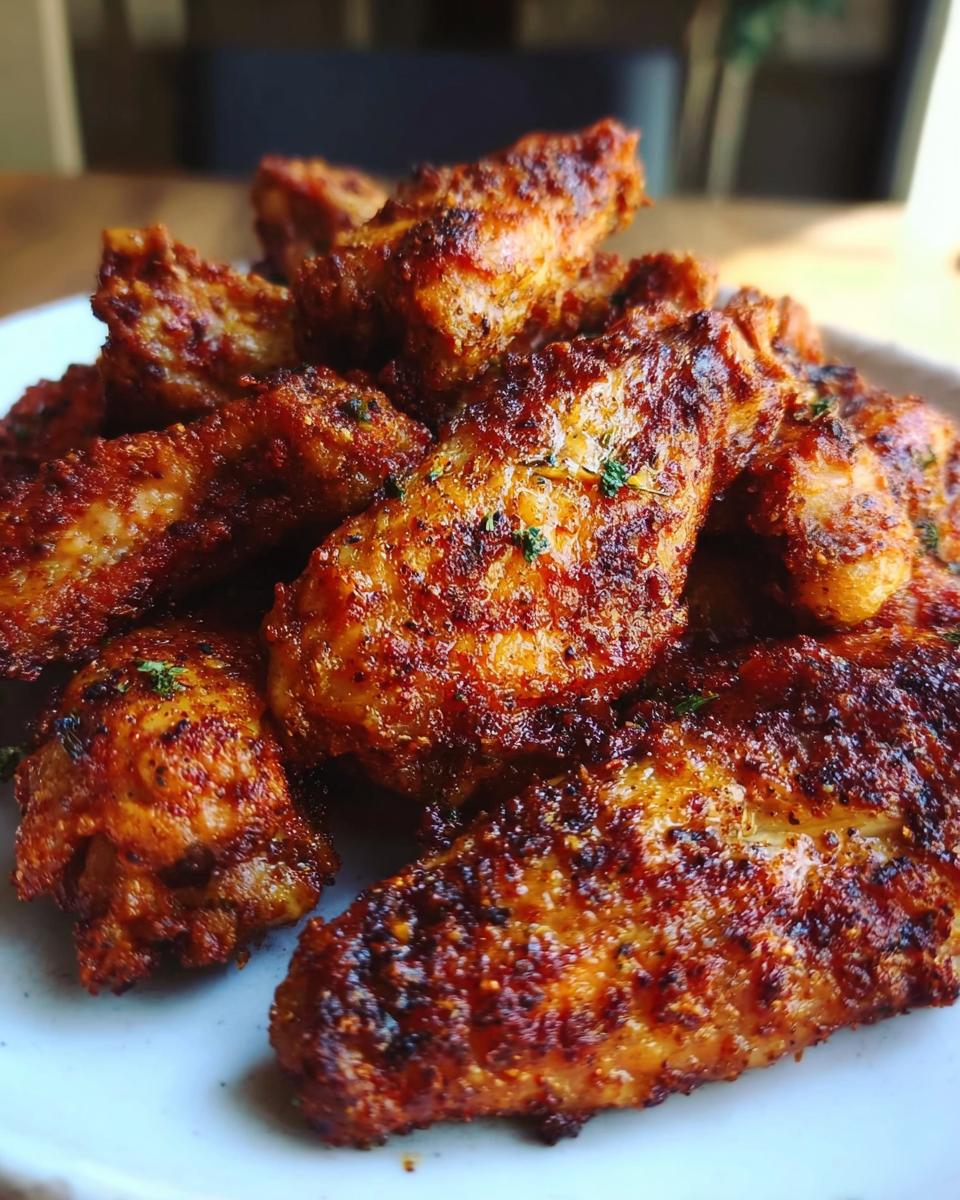 A close-up of perfectly cooked Dry Rub Wings with Bold Spices piled high on a white plate.