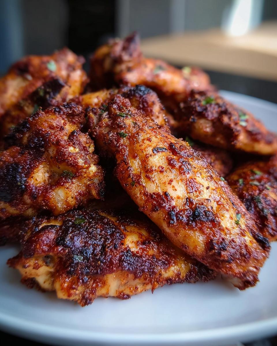 A pile of crispy, perfectly cooked Dry Rub Wings with Bold Spices on a white plate.