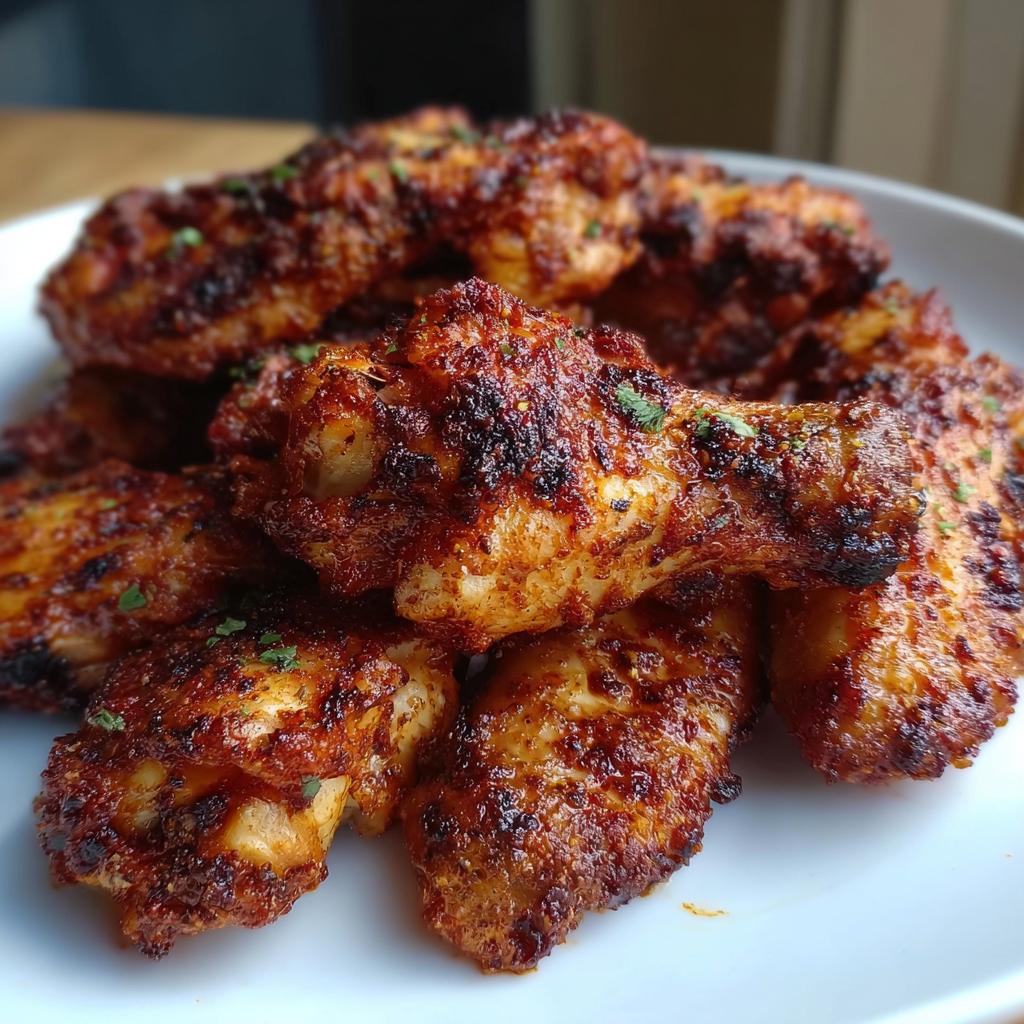 A pile of perfectly cooked Dry Rub Wings with Bold Spices, featuring a dark, crispy, seasoned crust.