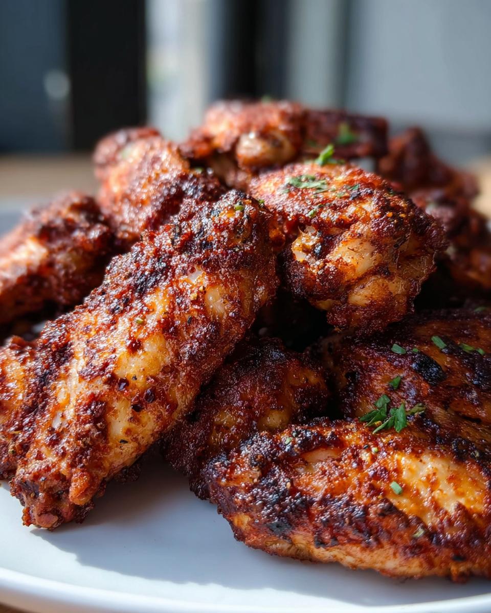 A close-up pile of crispy, richly seasoned Dry Rub Wings with Bold Spices, garnished with parsley.