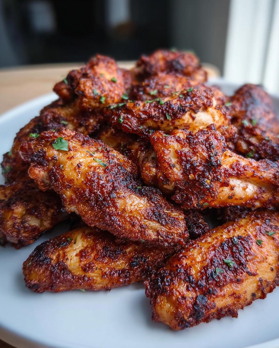 A close-up of a pile of perfectly cooked Dry Rub Wings with Bold Spices, showing a dark, crispy, seasoned crust.