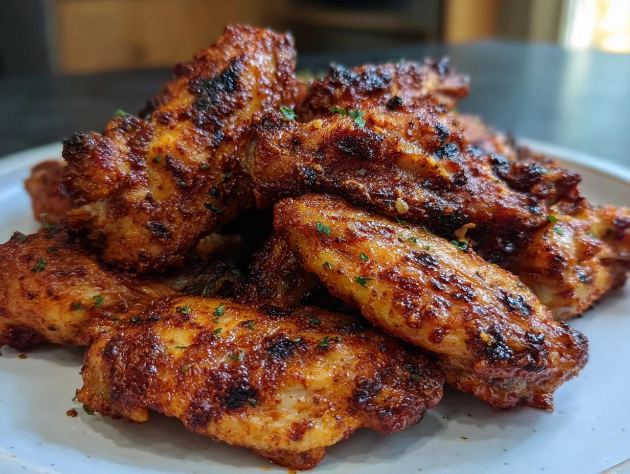 Close-up of a pile of crispy, charred Dry Rub Wings with Bold Spices, garnished with parsley.