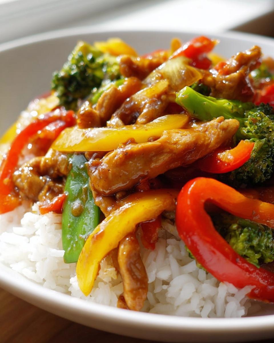 Close-up of Easy Chicken Stir Fry with Colorful Veggies served over white rice in a bowl.