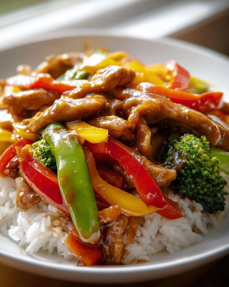 Close-up of Easy Chicken Stir Fry with Colorful Veggies served over white rice in a bowl.