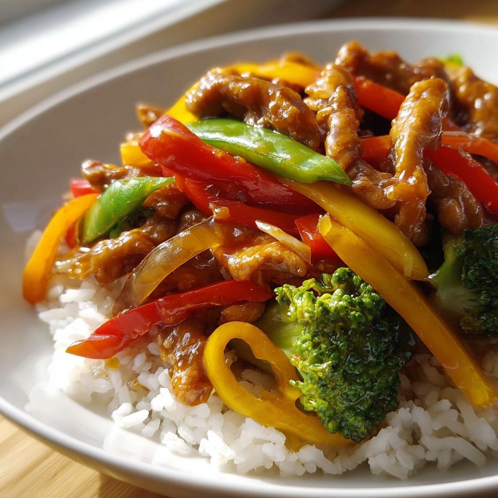Close-up of Easy Chicken Stir Fry with Colorful Veggies served over white rice in a bowl.