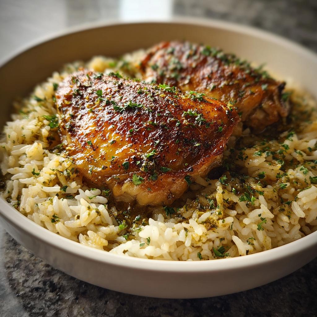 Two crispy chicken thighs served over fluffy rice seasoned with garlic and herbs in a white bowl.