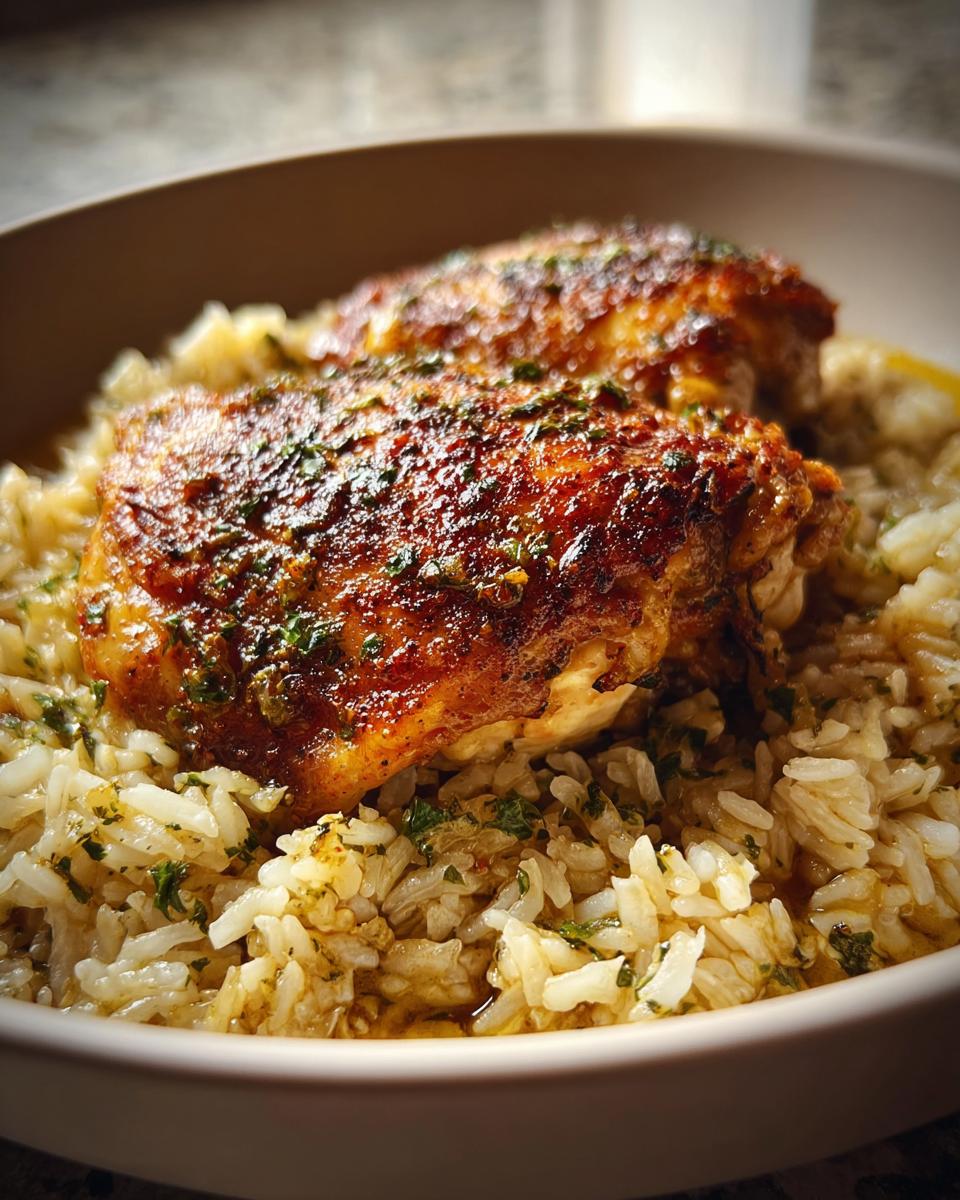 Close-up of Easy Pot Chicken and Rice with Garlic and Herbs, featuring two browned chicken thighs over seasoned rice.