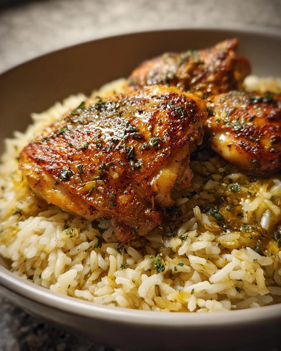 Close-up of Easy Pot Chicken and Rice with Garlic and Herbs, featuring crispy chicken thighs over fluffy rice.