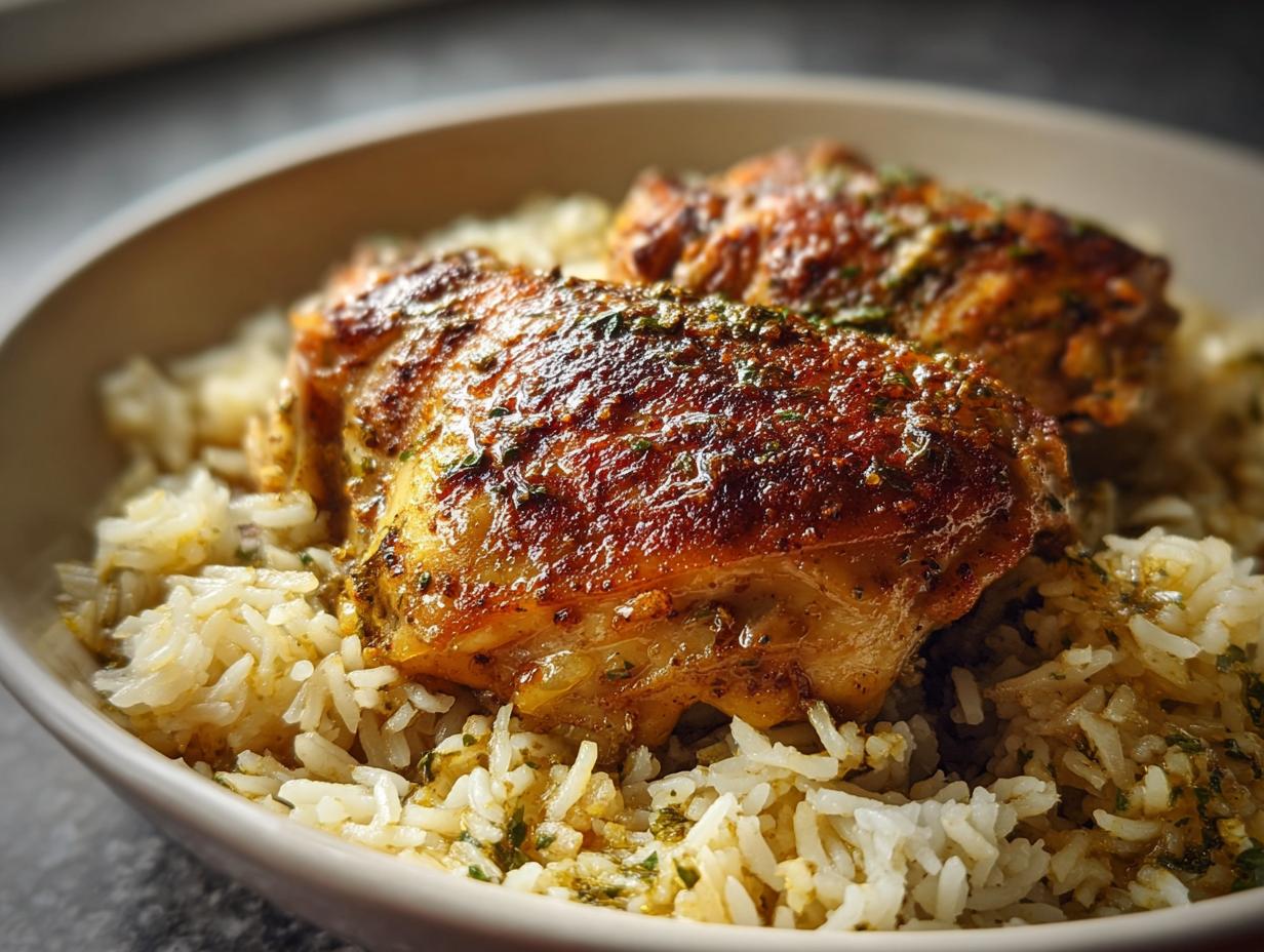 Two golden-brown chicken thighs served over fluffy rice seasoned with garlic and herbs.