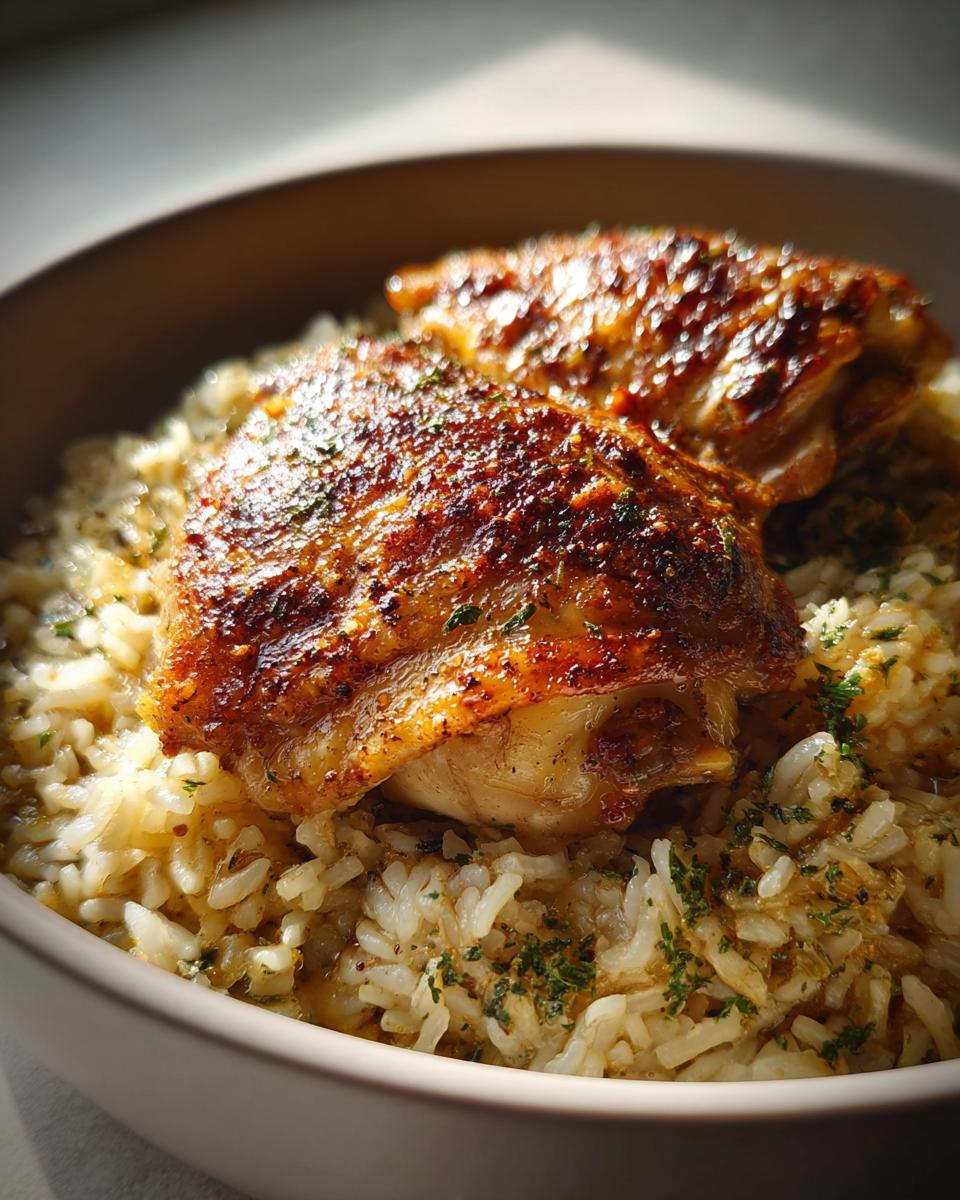 Close-up of Easy Pot Chicken and Rice with Garlic and Herbs, featuring crispy chicken thighs over seasoned rice.