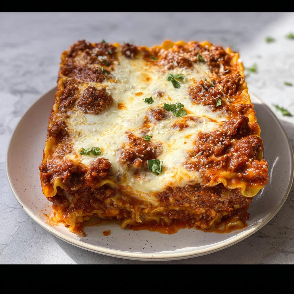 A perfect square slice of Easy Weeknight Lasagna Bake with Mozzarella, topped with melted cheese and parsley.